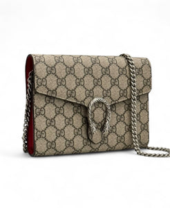 Gucci Dionysus Ebony/Beige GG Supreme Wallet on Chain, Silver-toned Hardware, Red Interior