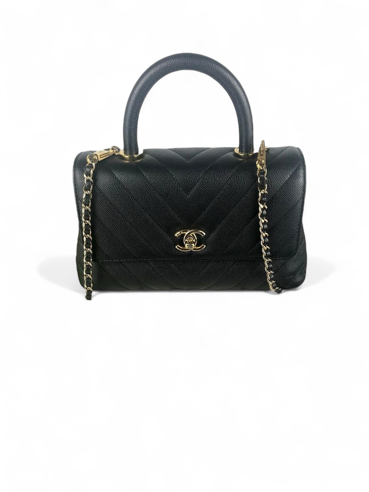 Chanel Coco Handle Small Chevron Quilted Black Caviar, Gold-Tone Hardware