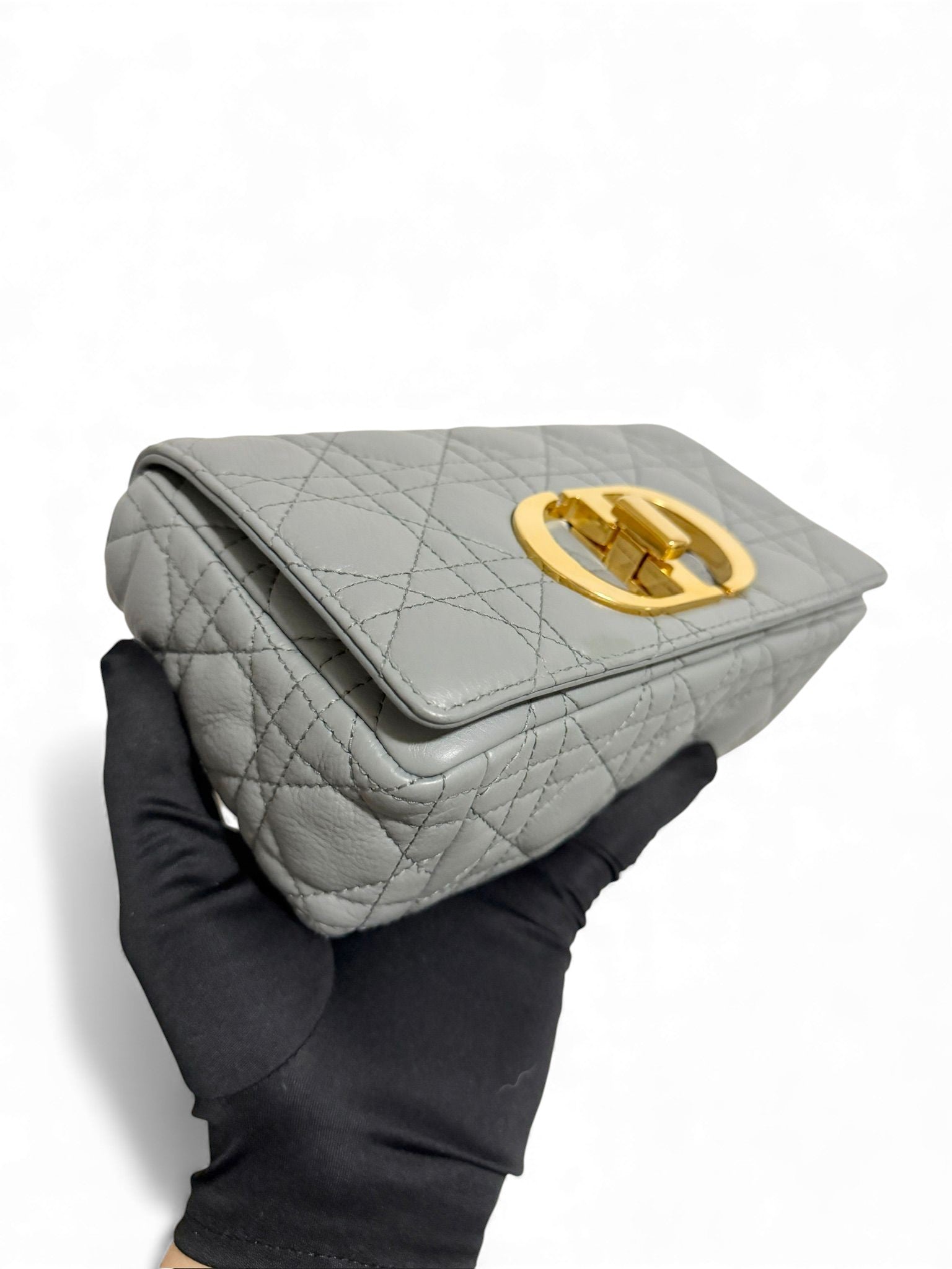 Christian Dior Caro Small – Stone Grey Calfskin, Gold-tone Hardware