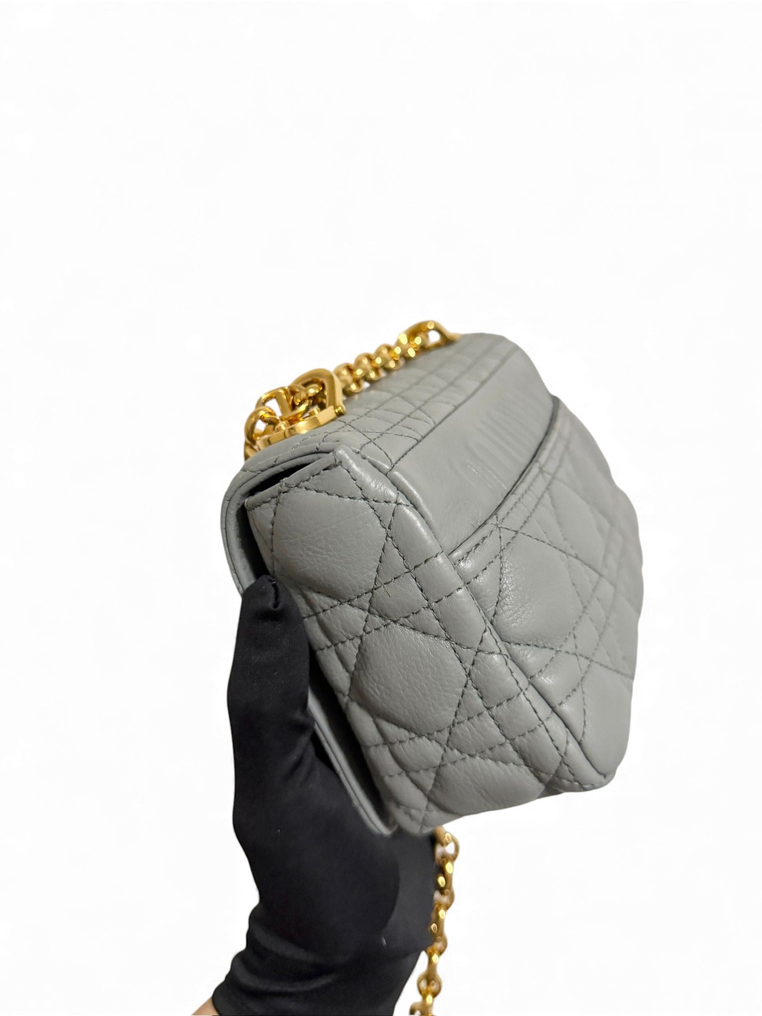 Christian Dior Caro Small – Stone Grey Calfskin, Gold-tone Hardware