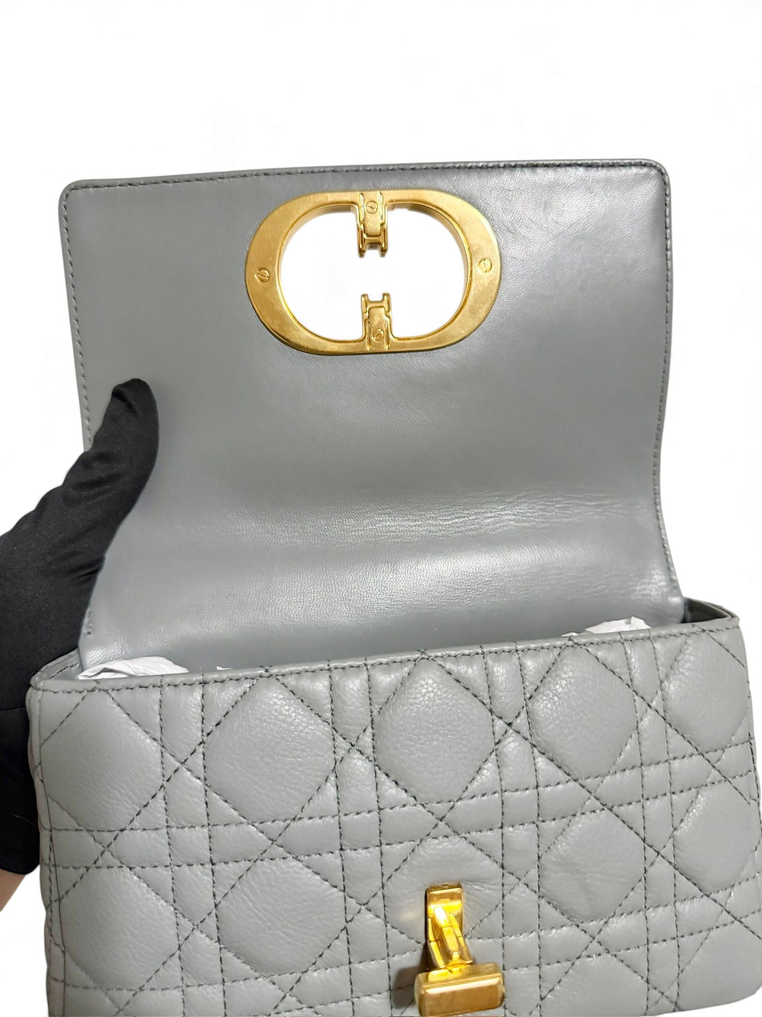 Christian Dior Caro Small – Stone Grey Calfskin, Gold-tone Hardware