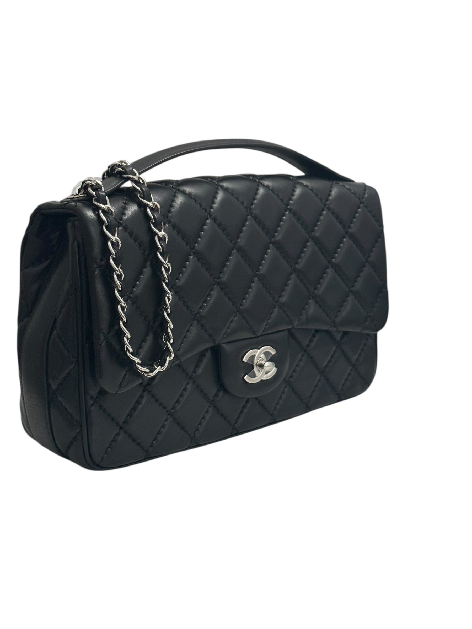 Chanel Easy Carry Flap Bag Black Lambskin Silver-tone Hardware