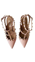 将图片加载到图库查看器，Valentino Garavani Rockstud Pink Grainy Leather Anke T- Strap Pumps 100mm
