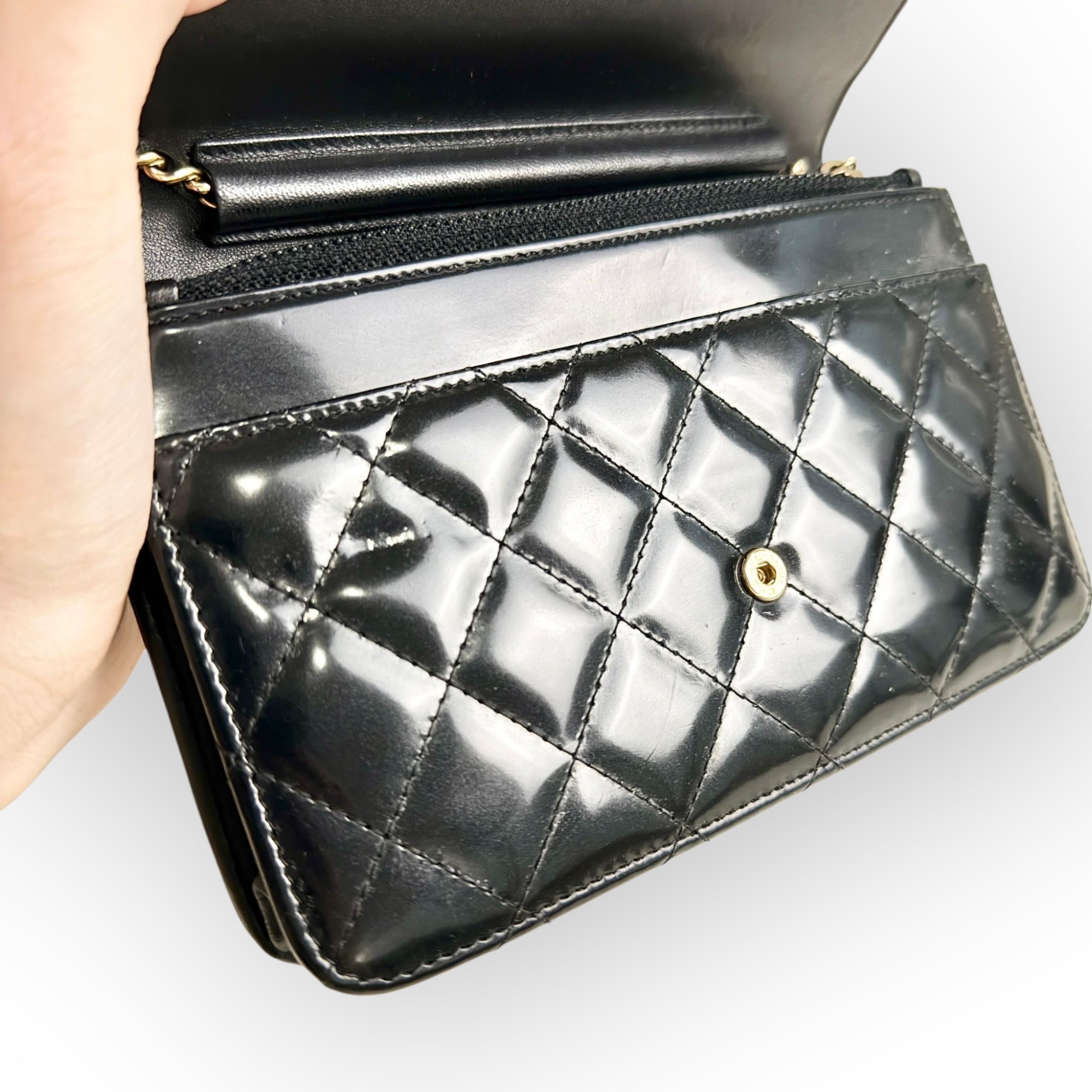 Chanel Classic Leboy Wallet on Chain, Black Diamond Quilted Patent Leather, Gold-tone Hardware