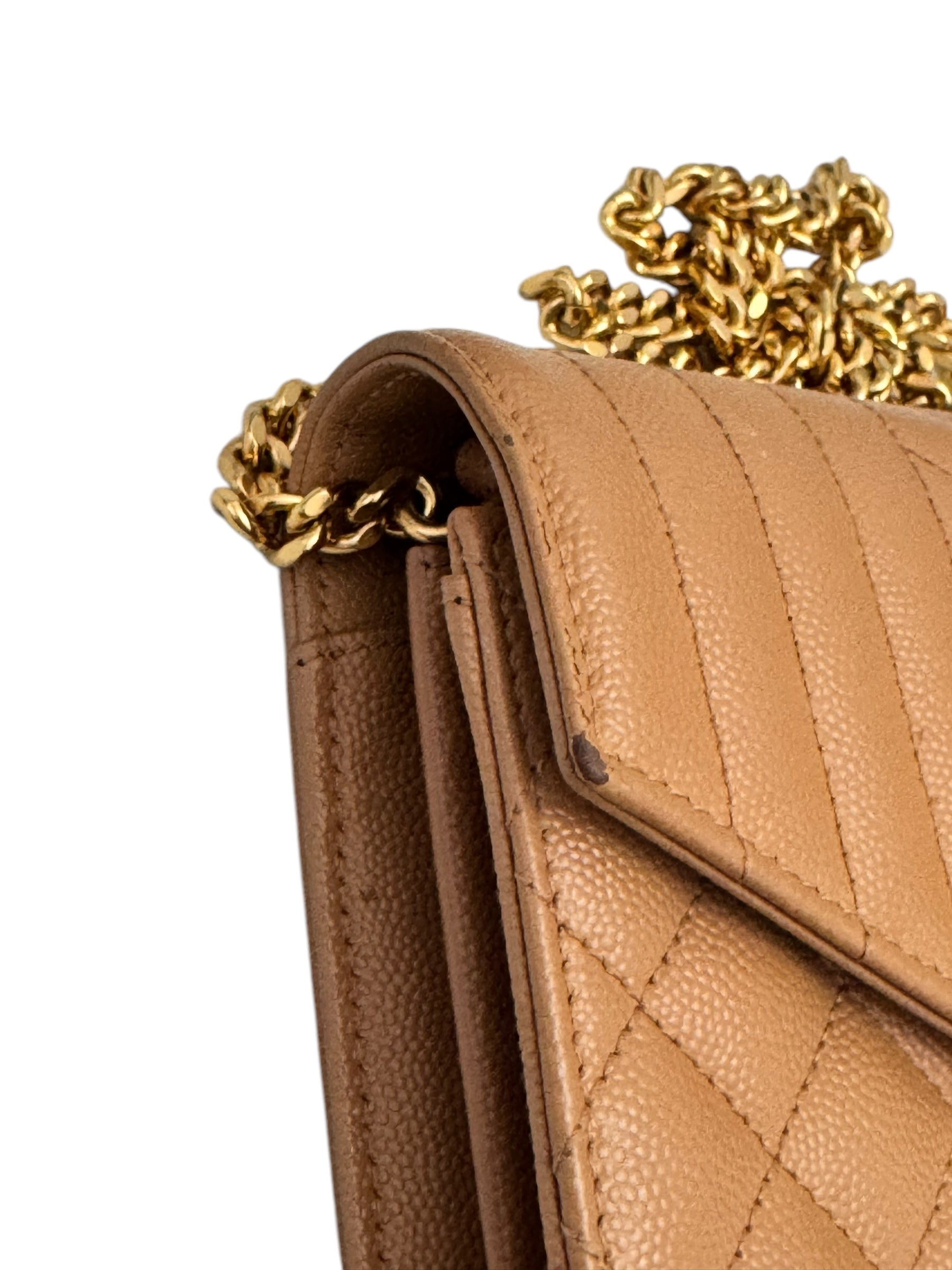 Saint Laurent Envelope Wallet on Chain WOC Triquilt Matelasse Dark Cork/Beige Gold-tone Hardware