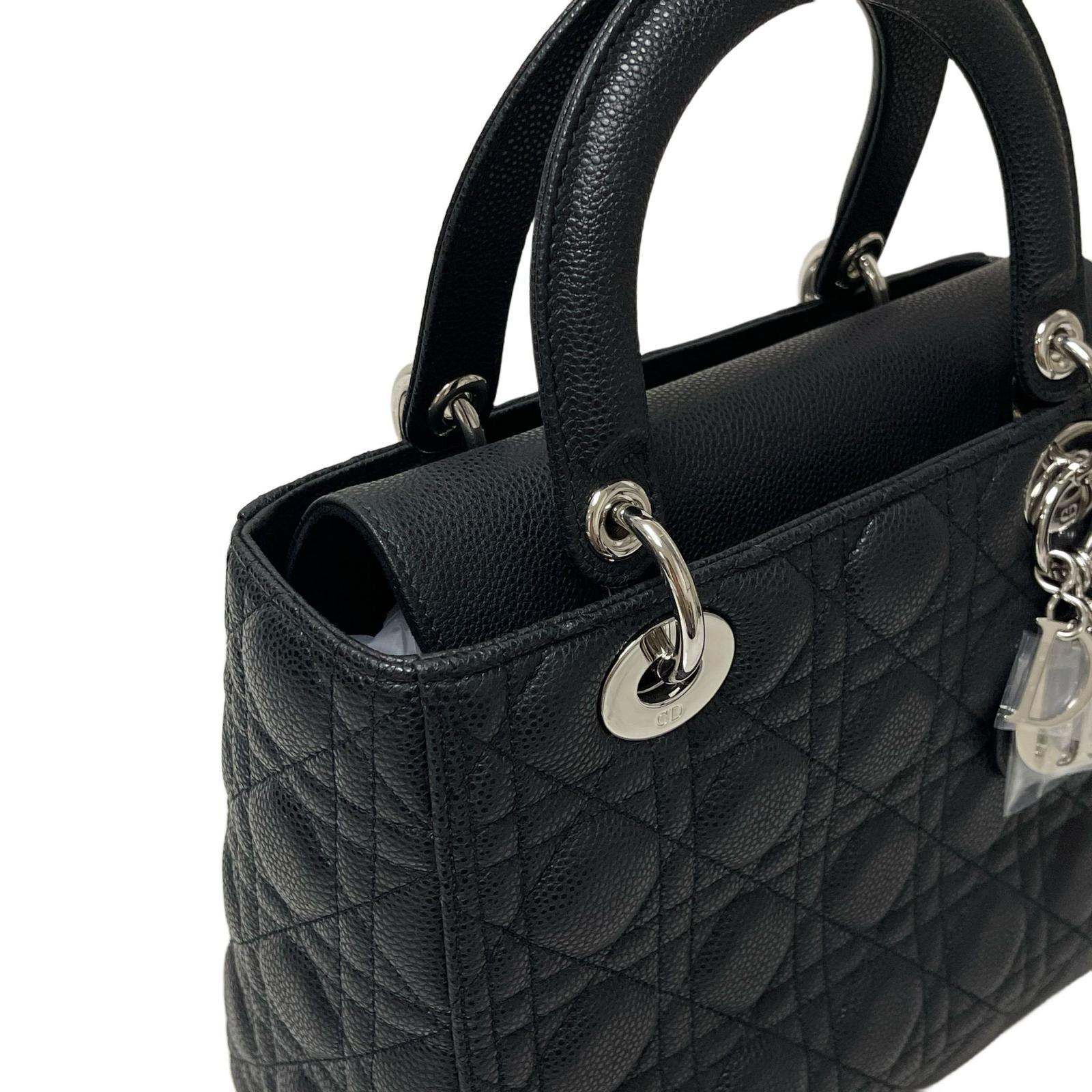 Christian Dior Lady Dior Medium Black Grained Leather/Caviar Silver-tone Hardware