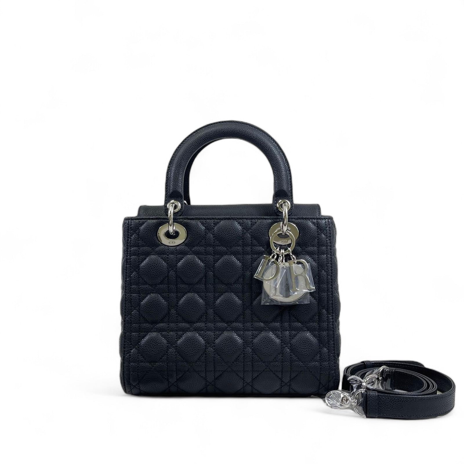 Christian Dior Lady Dior Medium Black Grained Leather/Caviar Silver-tone Hardware