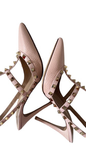 Valentino Garavani Rockstud Pink Grainy Leather Anke T- Strap Pumps 100mm