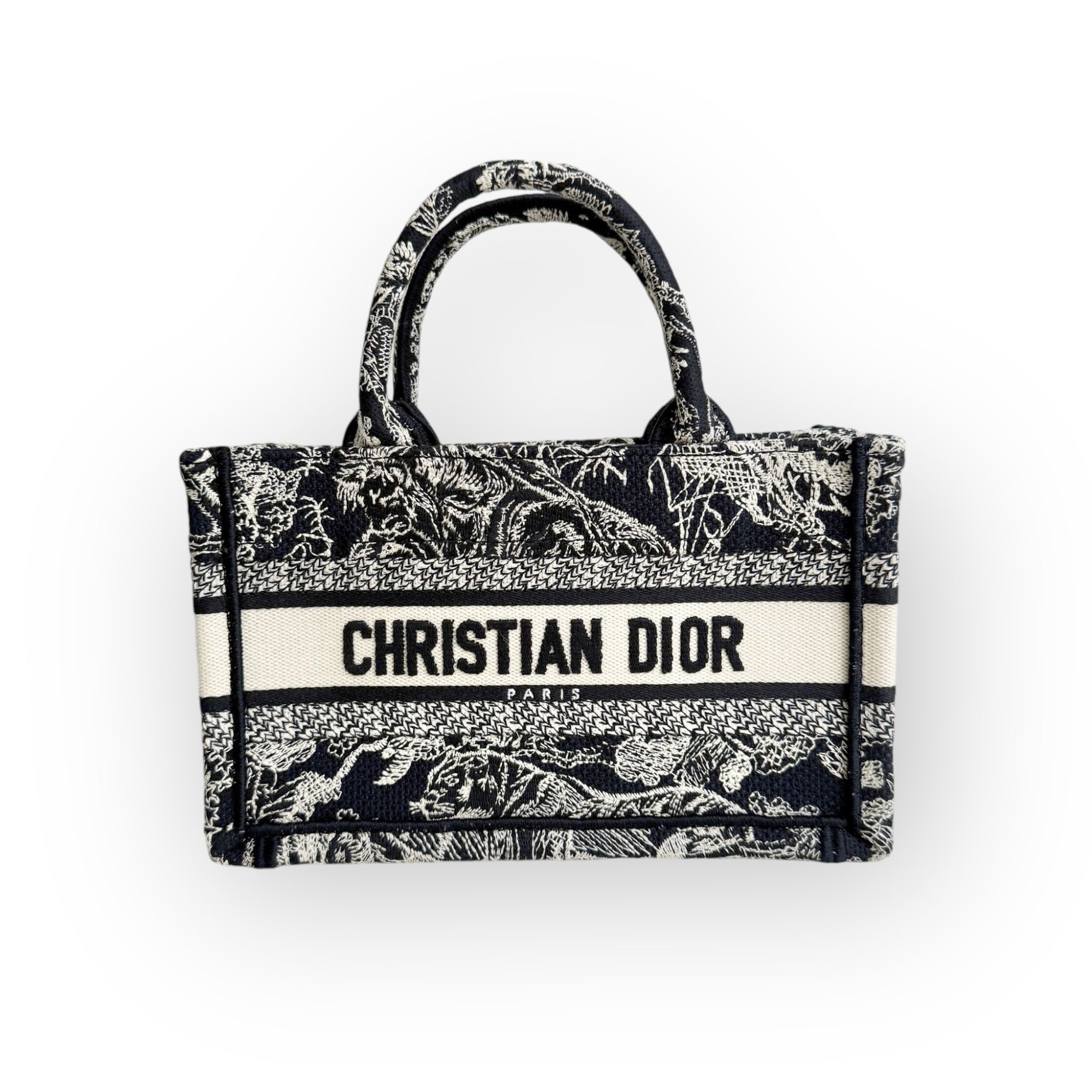 Christian Dior Book Tote Mini, Navy Toile du Jouy Embroidery, Gold-tone Hardware