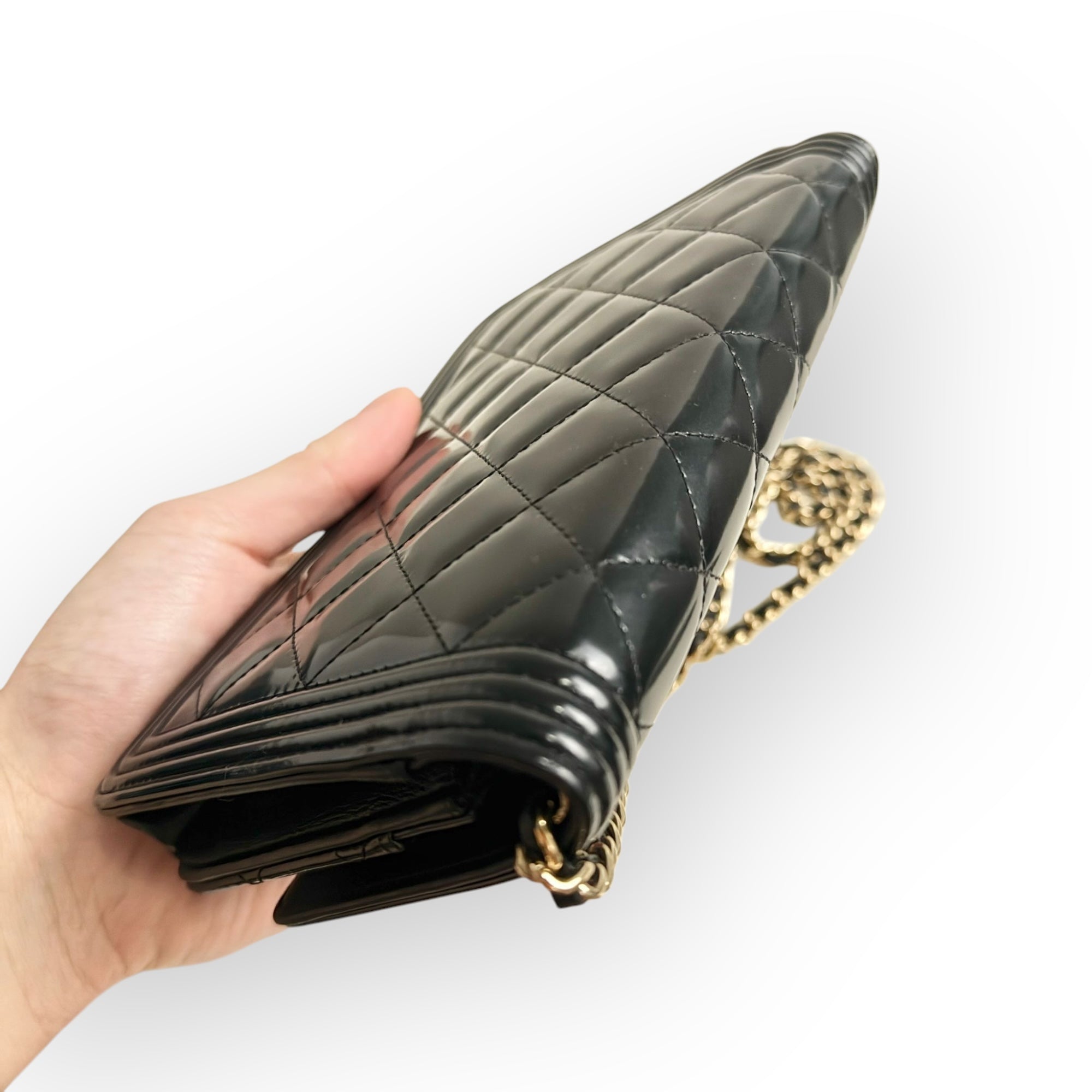 Chanel Classic Leboy Wallet on Chain, Black Diamond Quilted Patent Leather, Gold-tone Hardware