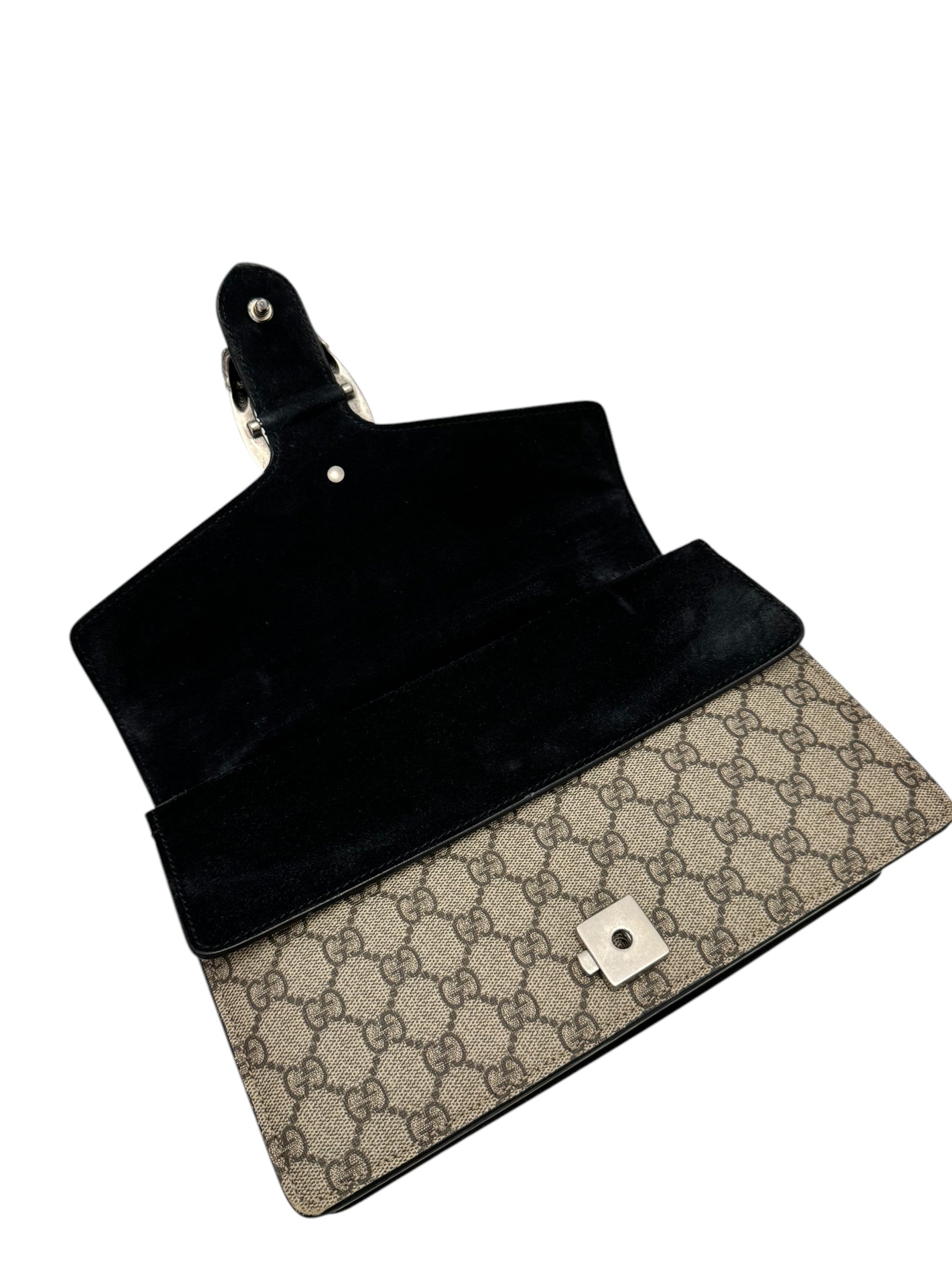 Gucci Dionysus Small, Beige GG Supreme, Black Suede, Crystal and Silver-tone Tiger Head Closure and Hardware