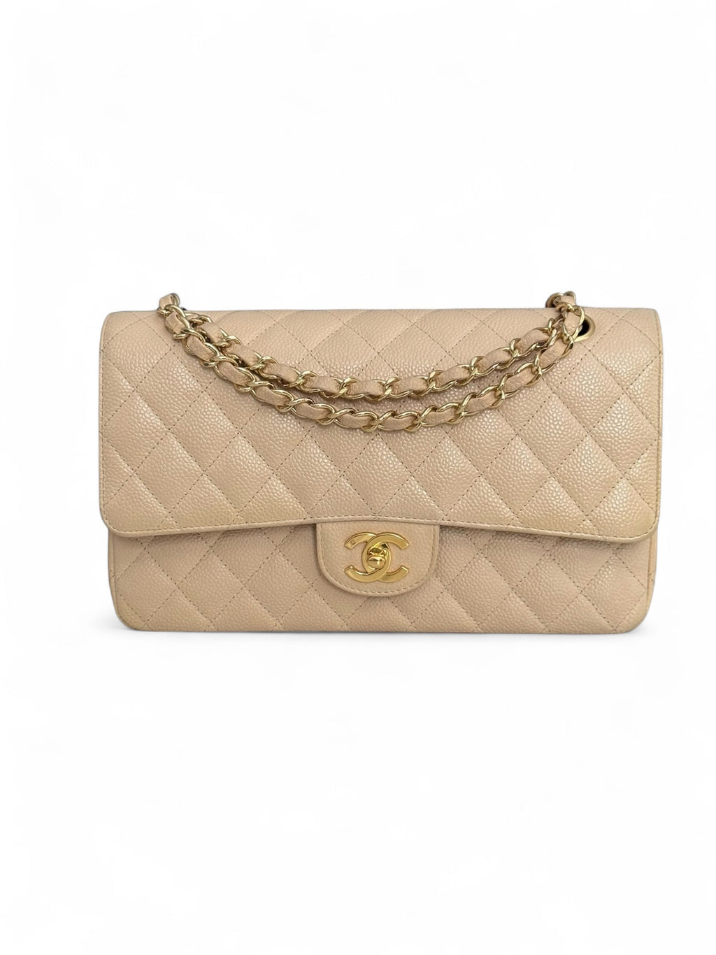 Beige quilted handbag with gold chain and logo on a white background
