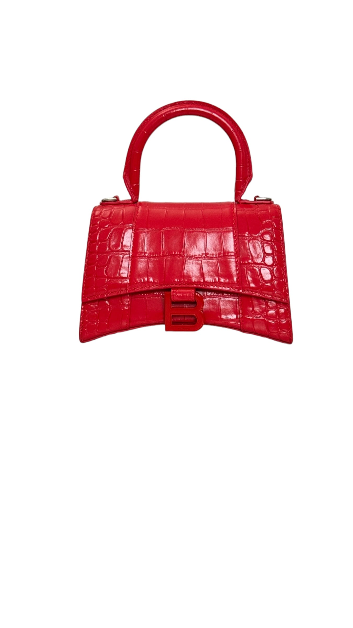 Balenciaga Hourglass XS Handbag,  Lipstick Red Croc-Embossed Calfskin, Red Enamel-plated Hardware