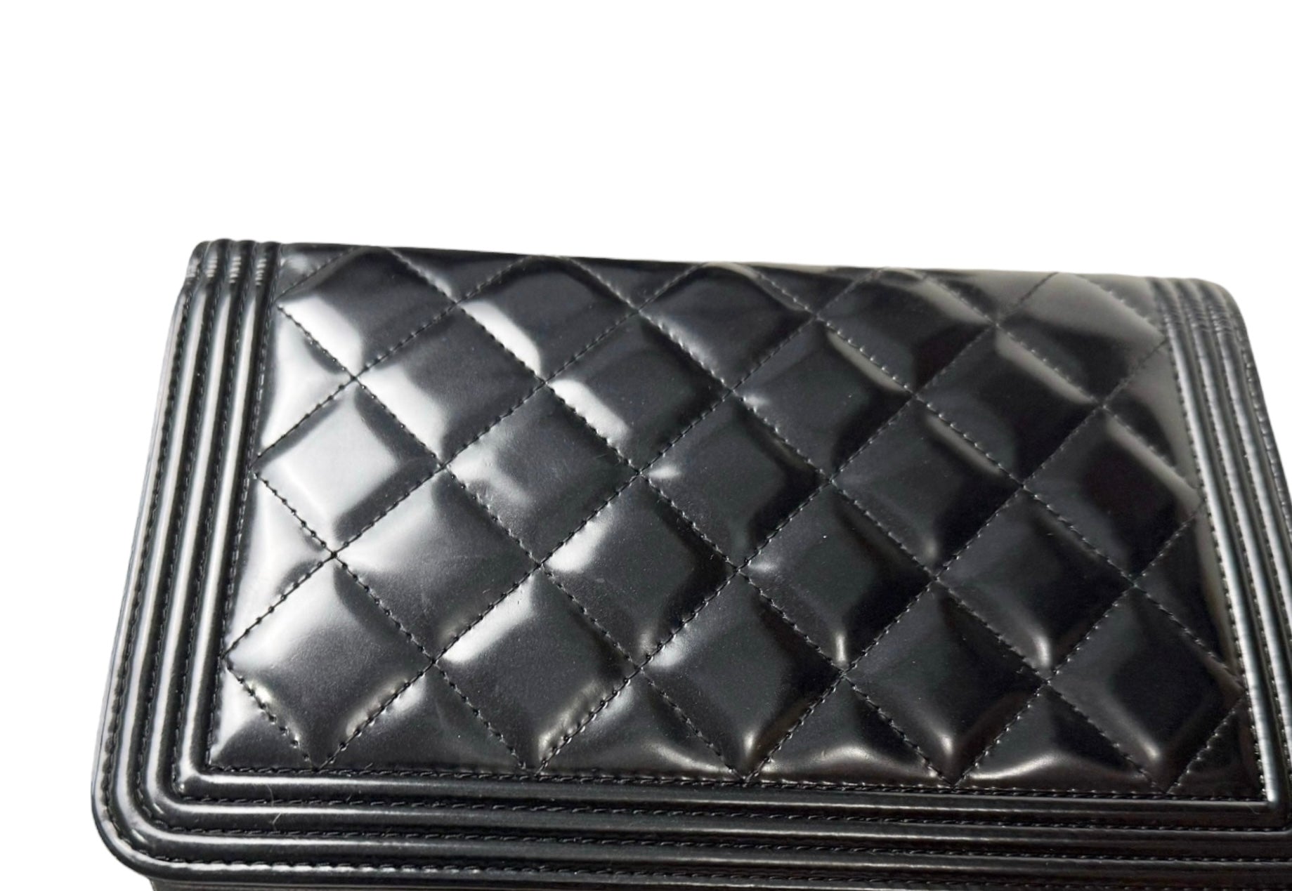 Chanel Classic Leboy Wallet on Chain, Black Diamond Quilted Patent Leather, Gold-tone Hardware