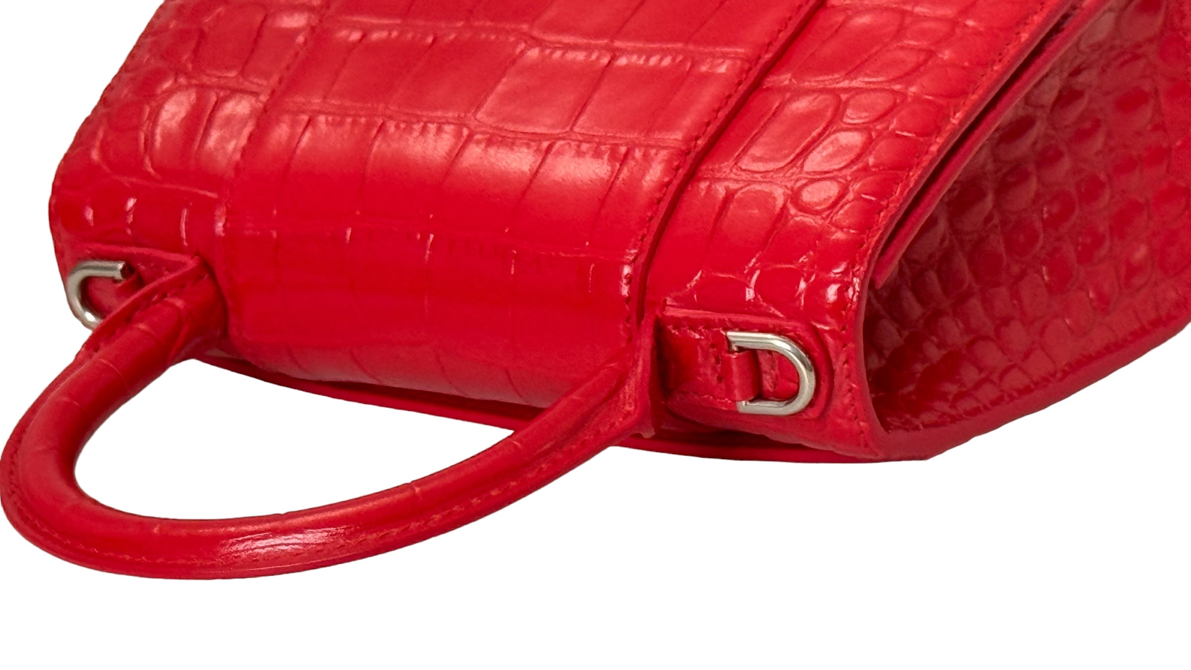 Balenciaga Hourglass XS Handbag,  Lipstick Red Croc-Embossed Calfskin, Red Enamel-plated Hardware