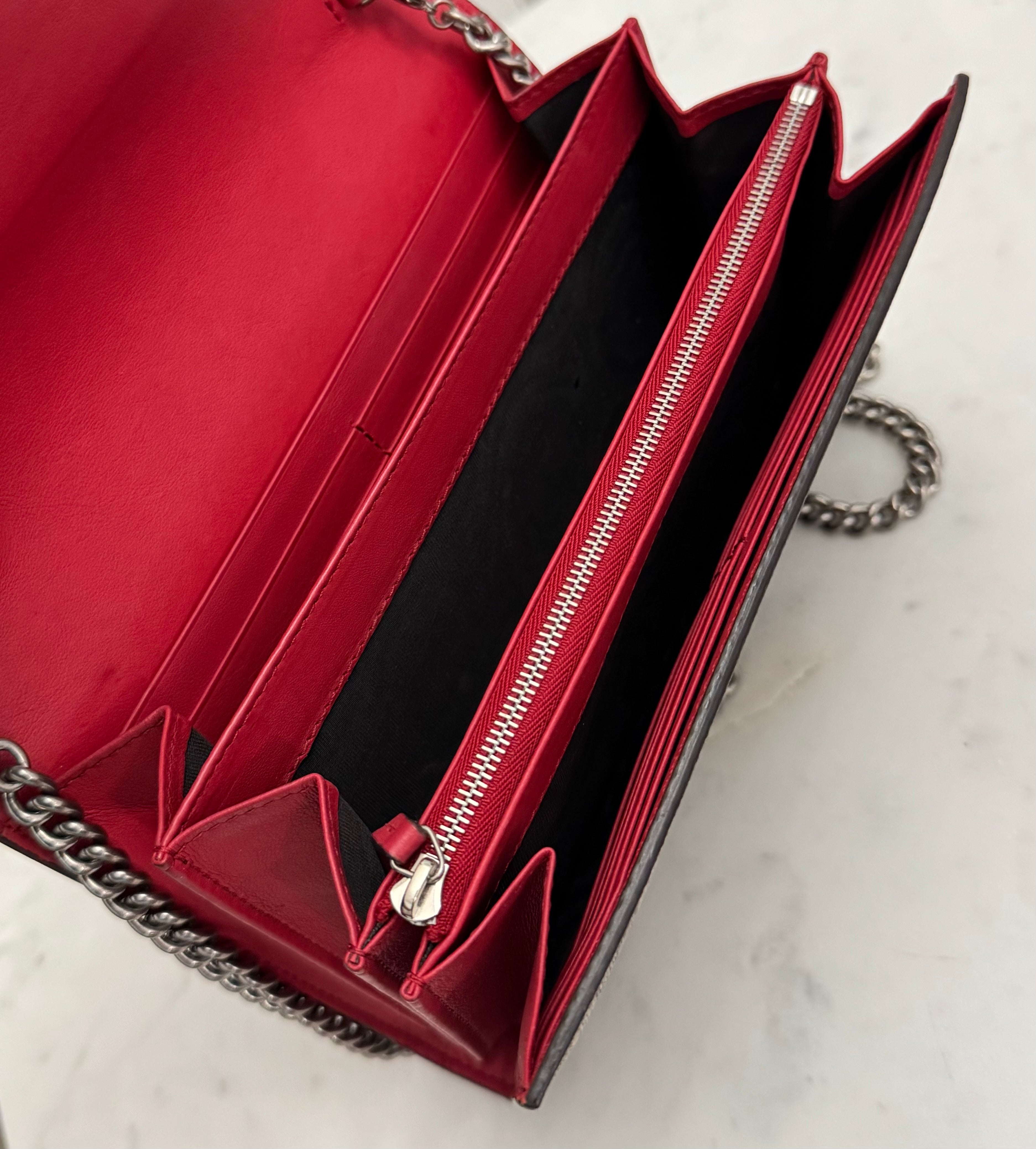 Gucci Dionysus Ebony/Beige GG Supreme Wallet on Chain WOC, Silver-toned Hardware, Red Interior