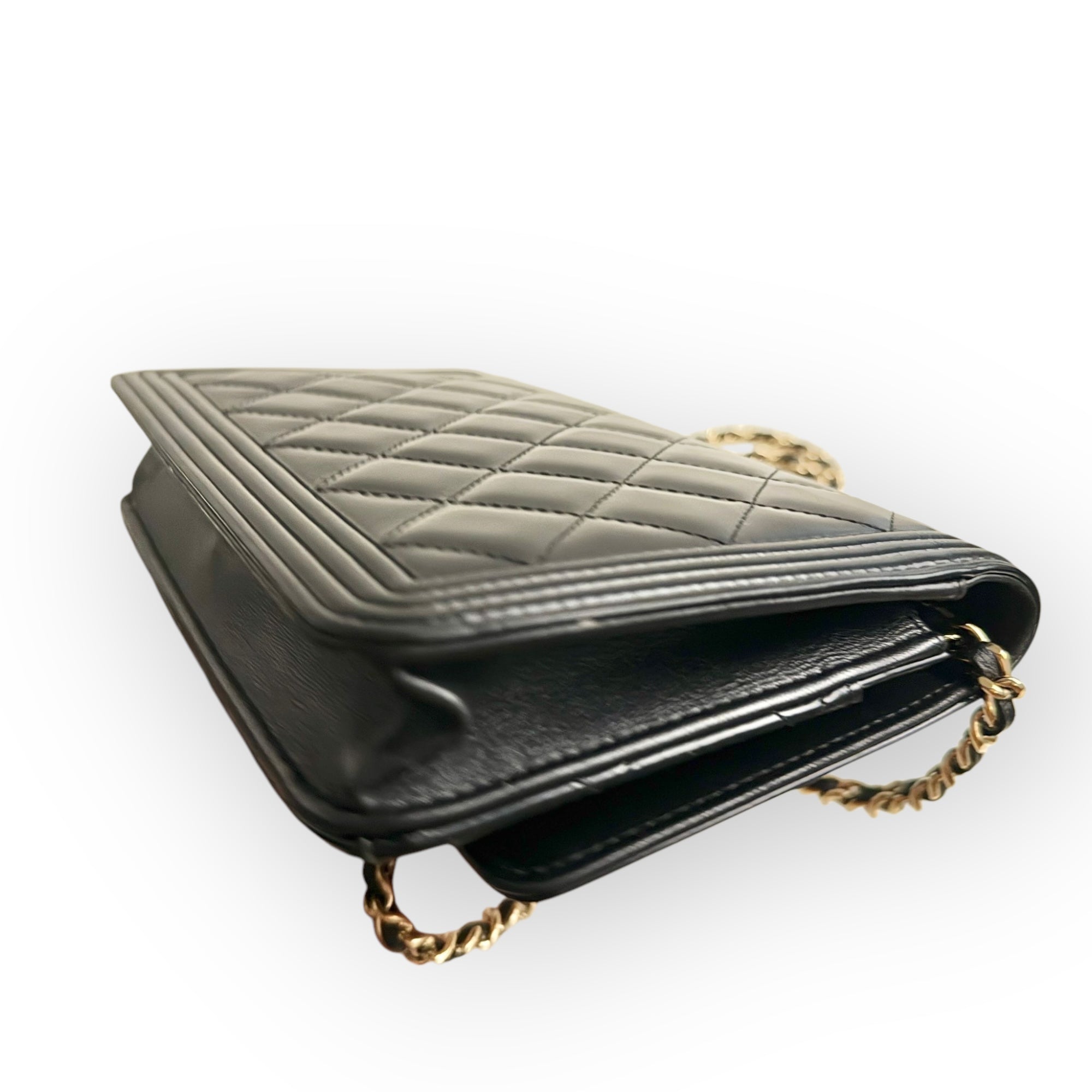 Chanel Classic Leboy Wallet on Chain, Black Diamond Quilted Patent Leather, Gold-tone Hardware