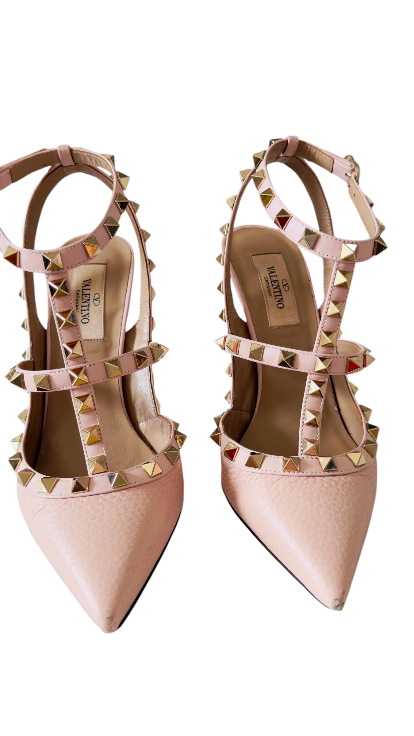 Valentino Garavani Rockstud Pink Grainy Leather Anke T- Strap Pumps 100mm