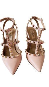 Valentino Garavani Rockstud Pink Grainy Leather Anke T- Strap Pumps 100mm