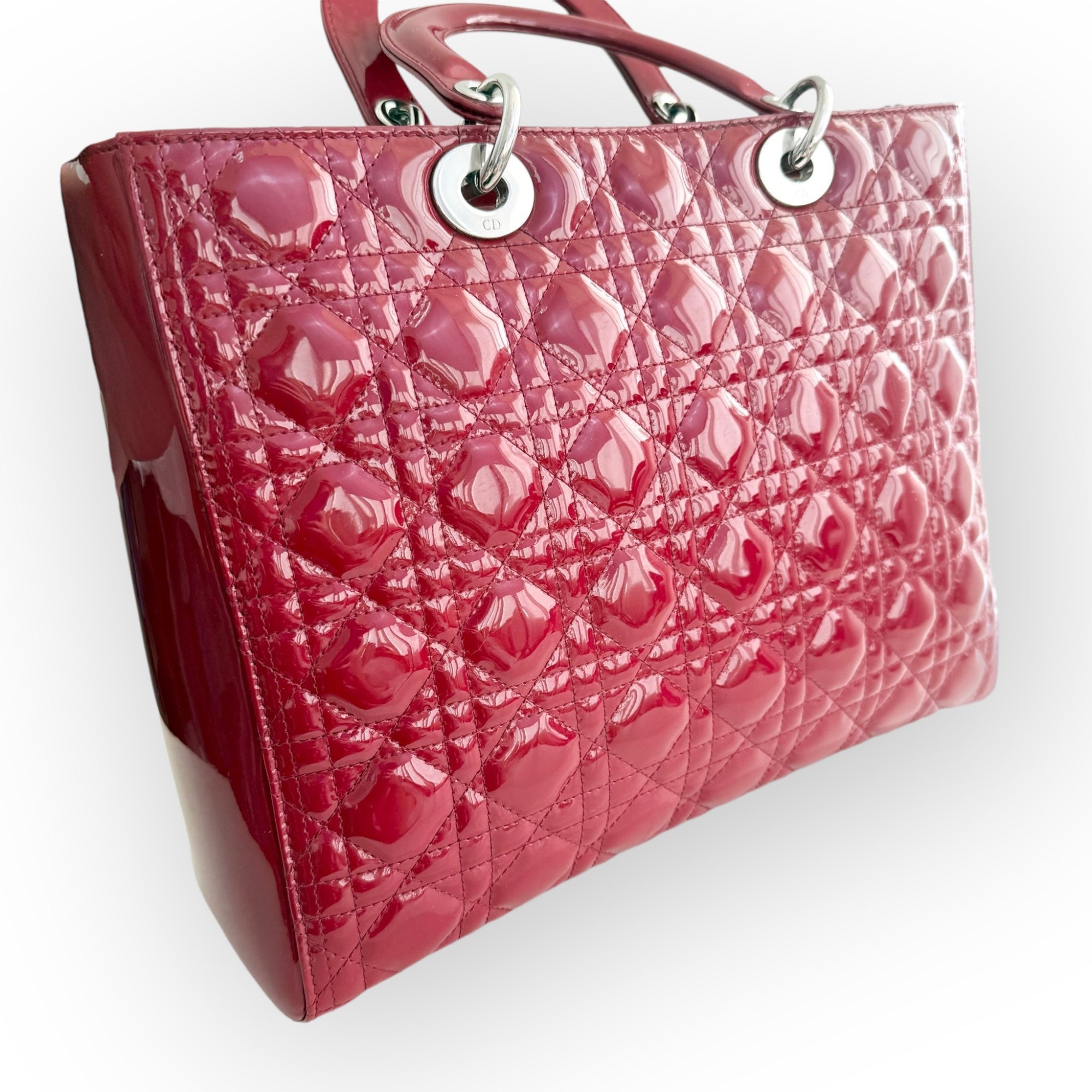 Christian Dior Lady Dior Large, Cherry Red Patent Leather, Silver Hardware