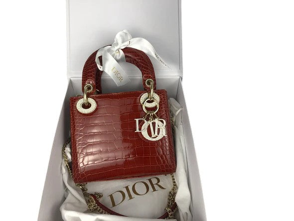 Christian Dior Lady Dior Mini Exotic Crocodile Leather Crystal and Gold Hardware