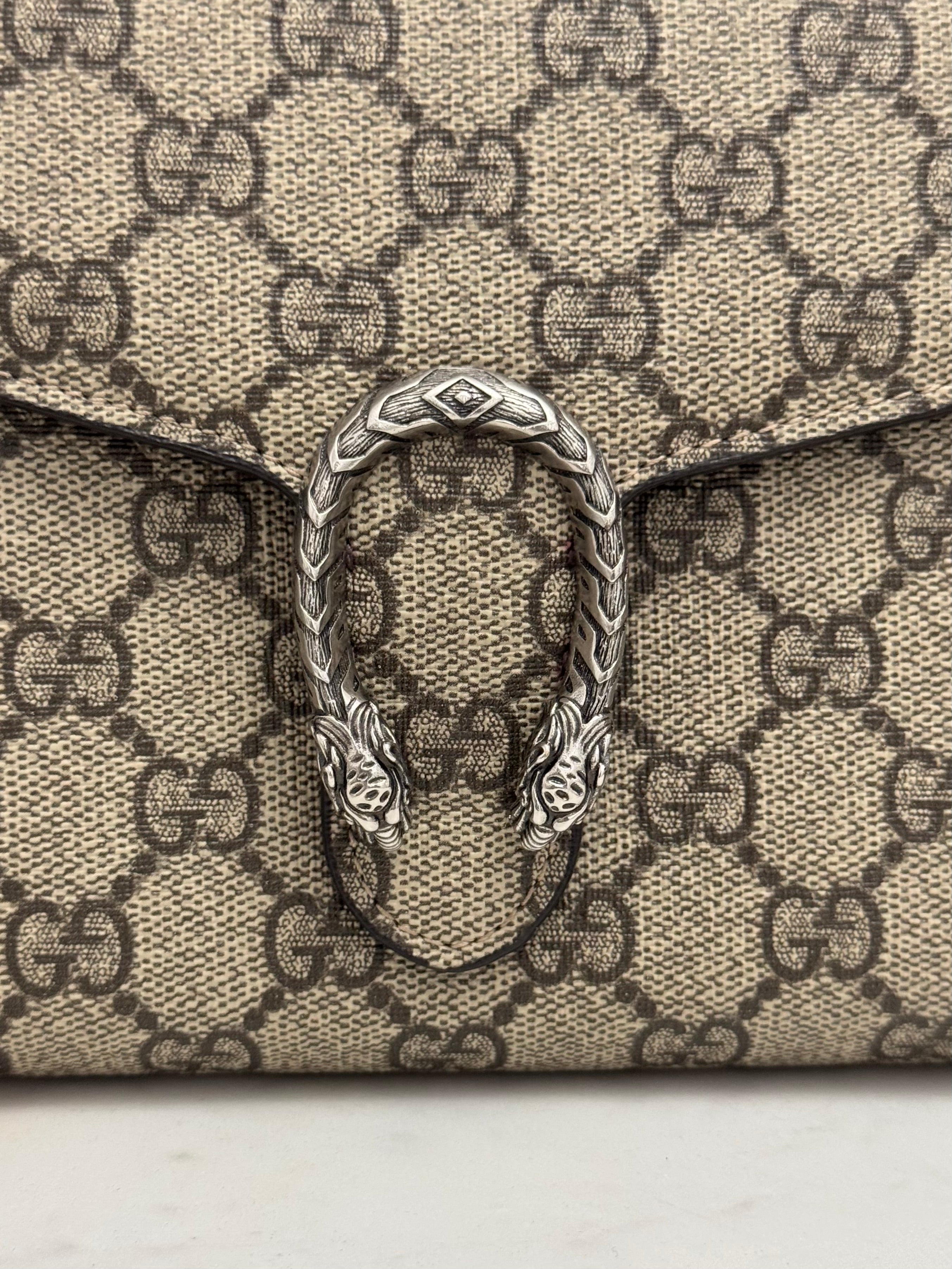 Gucci Dionysus Ebony/Beige GG Supreme Wallet on Chain WOC, Silver-toned Hardware, Red Interior