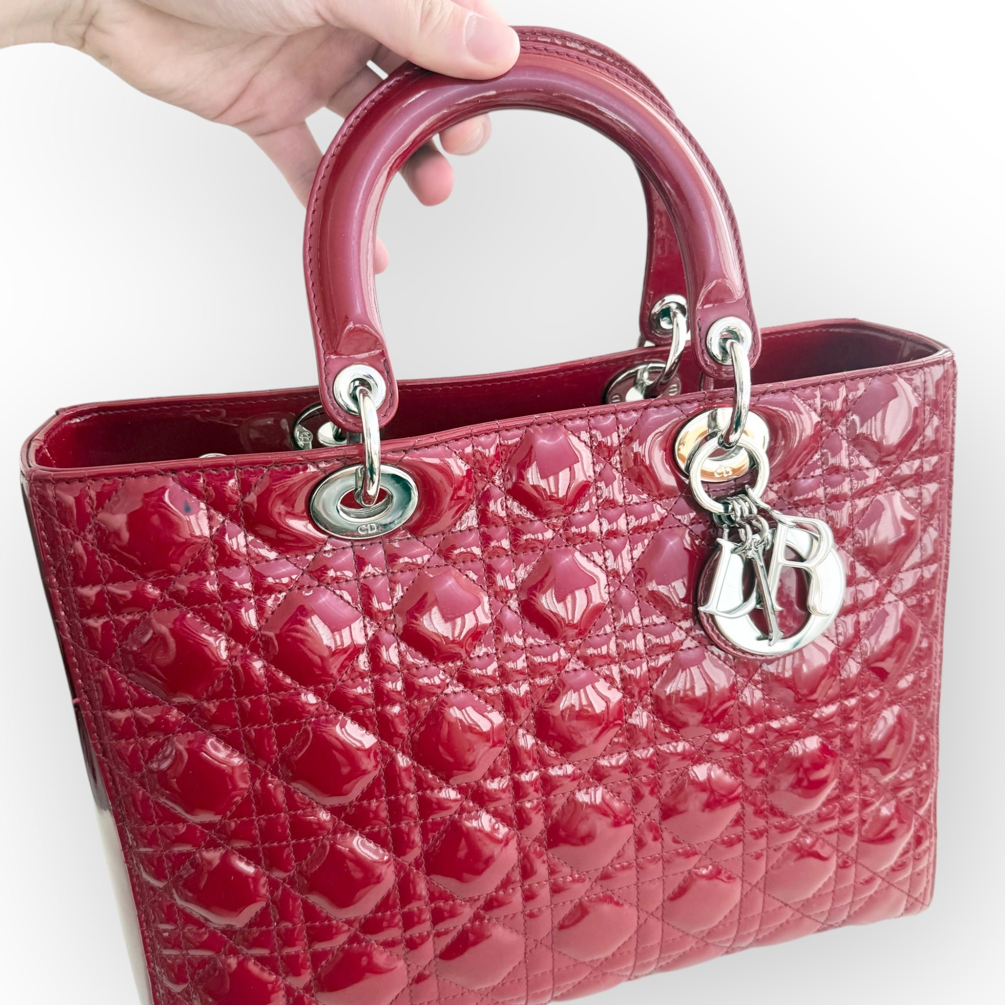 Christian Dior Lady Dior Large, Cherry Red Patent Leather, Silver Hardware