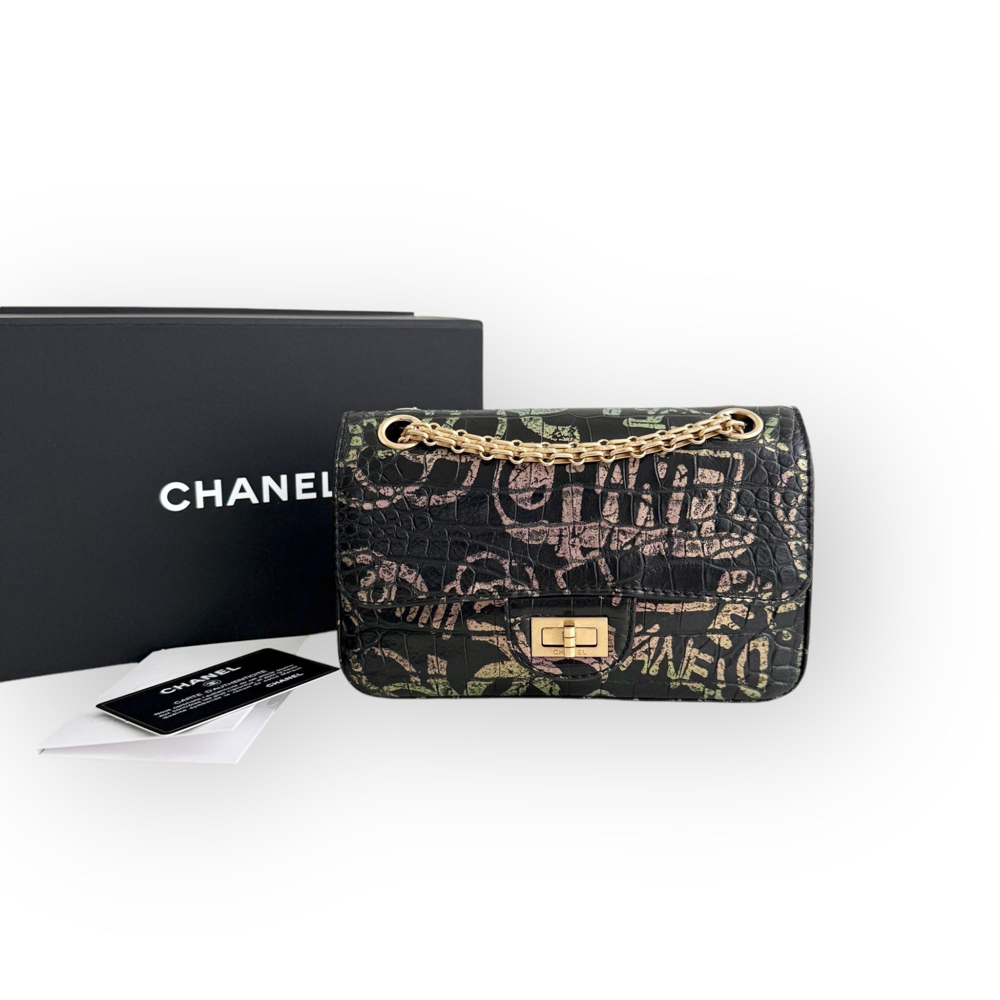 Chanel Classic 2.55 Reissue Mini Rectangle Single Flap, Metiers D’art Croc-Embossed Graffiti Calfskin, Gold-tone Hardware