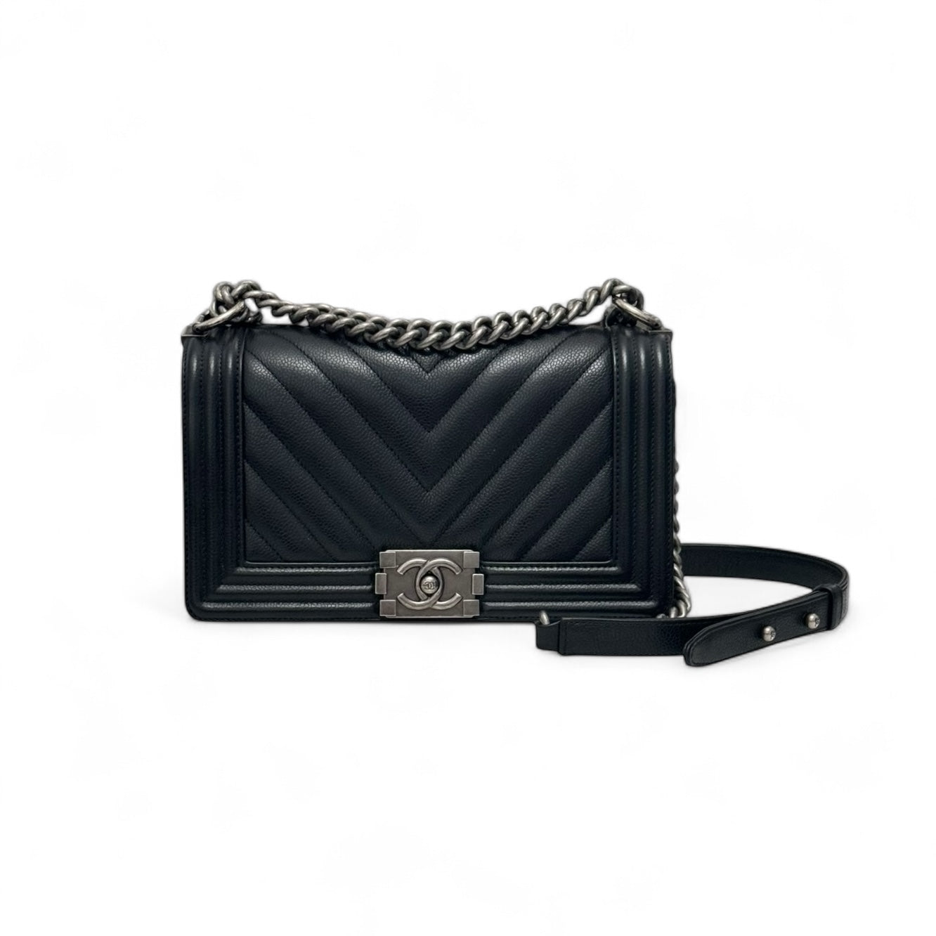 Chanel Leboy Old Medium Black Caviar / Grained Calfskin Leather, Chevron, Ruthenium Hardware