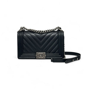 Chanel Leboy Old Medium Black Caviar / Grained Calfskin Leather, Chevron, Ruthenium Hardware