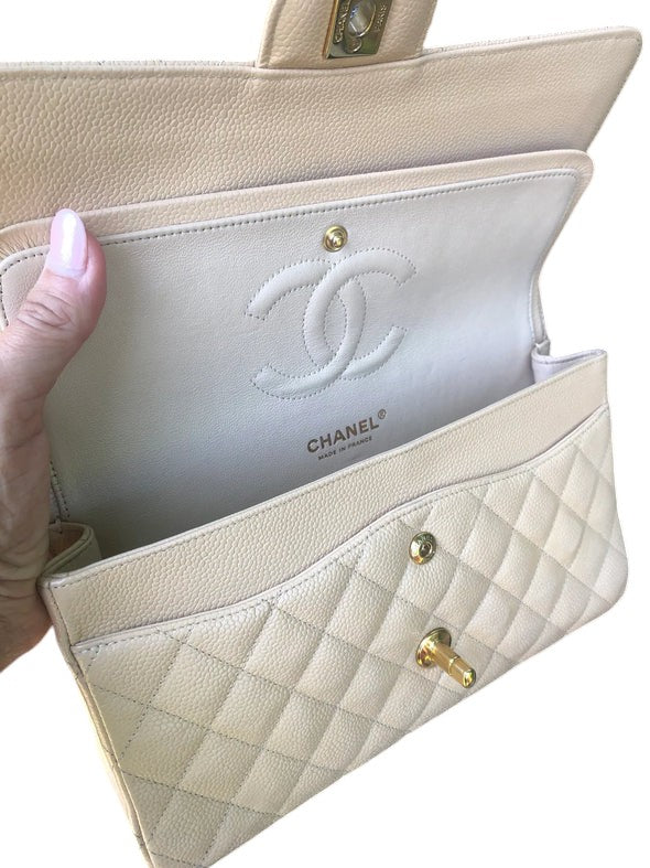 Chanel Timeless Classic Medium Beige Caviar Gold-tone Hardware