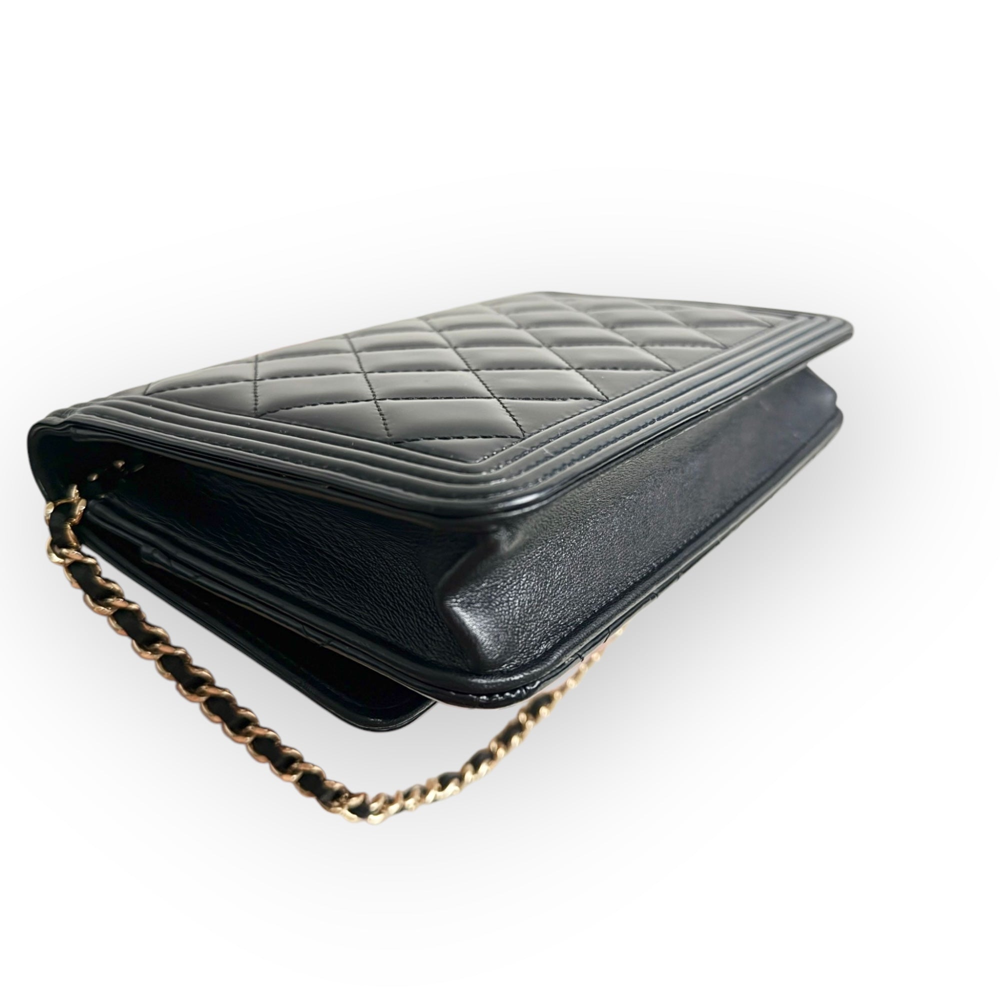 Chanel Classic Leboy Wallet on Chain, Black Diamond Quilted Patent Leather, Gold-tone Hardware