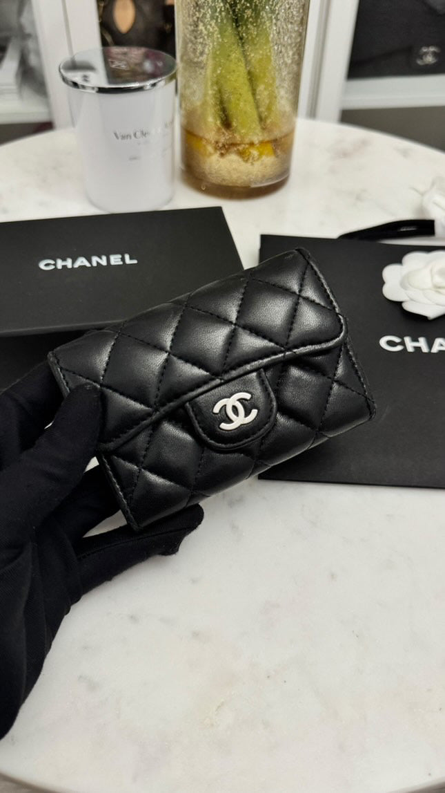 Chanel Card Wallet Black Lambskin Silver-tone Hardware