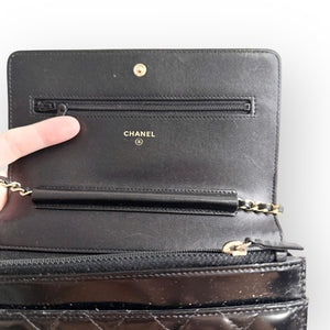 Chanel Classic Leboy Wallet on Chain, Black Diamond Quilted Patent Leather, Gold-tone Hardware