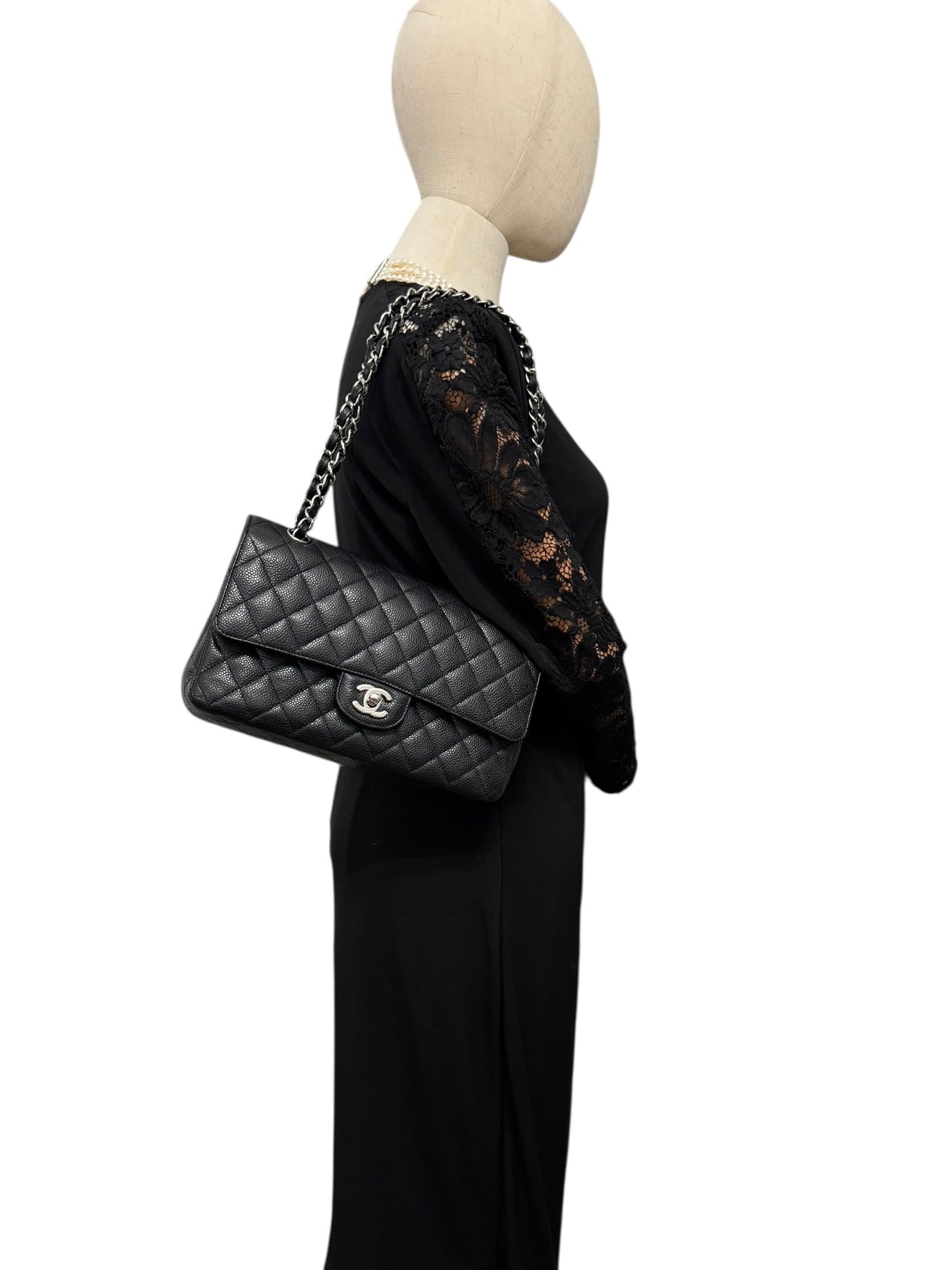 Chanel Timeless Classic Medium M/L Black Caviar Silver-tone Hardware