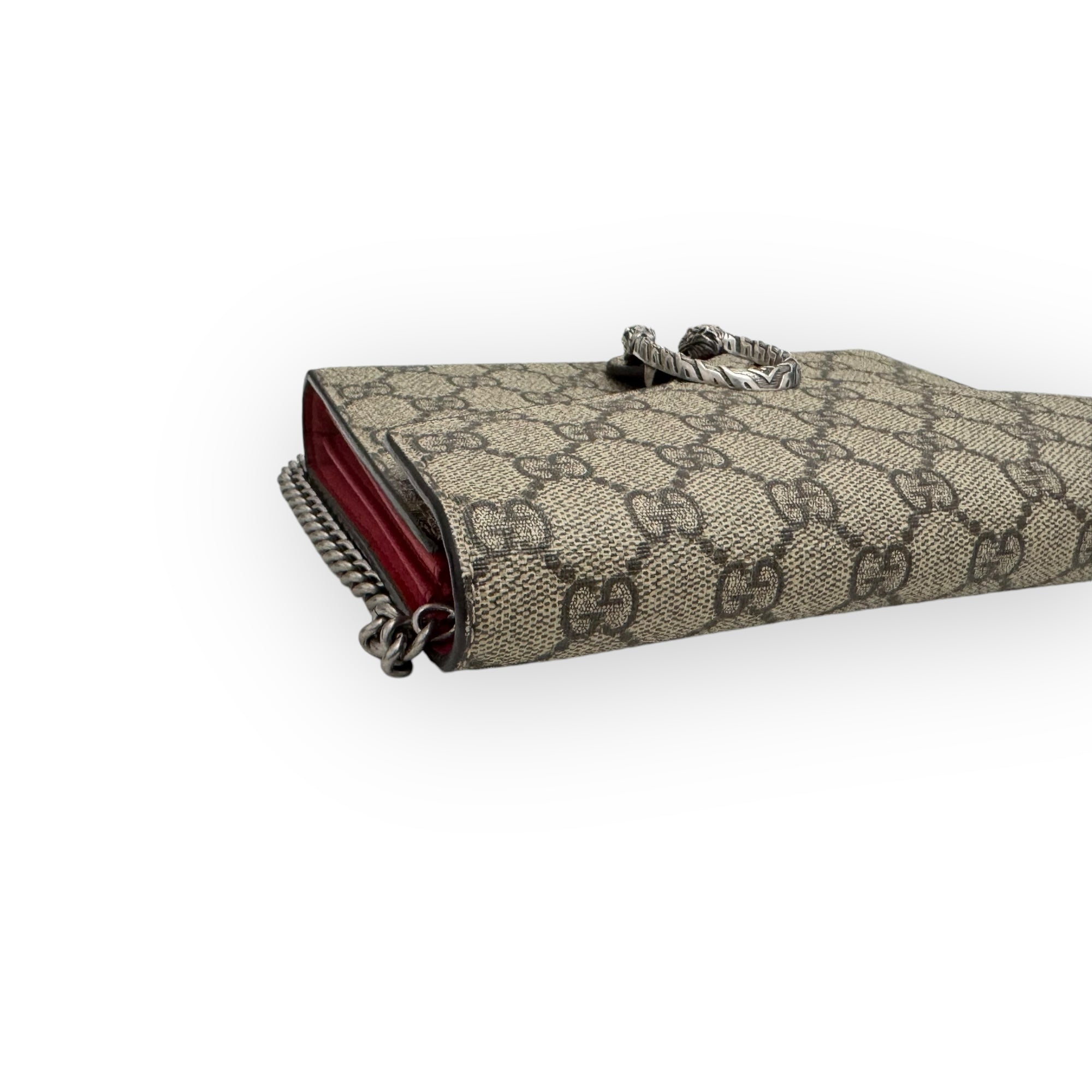 Gucci Dionysus Ebony/Beige GG Supreme Wallet on Chain, Silver-toned Hardware, Red Interior