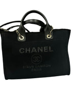 Charger l&#39;image dans la galerie, Chanel Deauville Shopping Tote Small, Black Mixed Fibers, Calfskin &amp; Gold-Tone Metal
