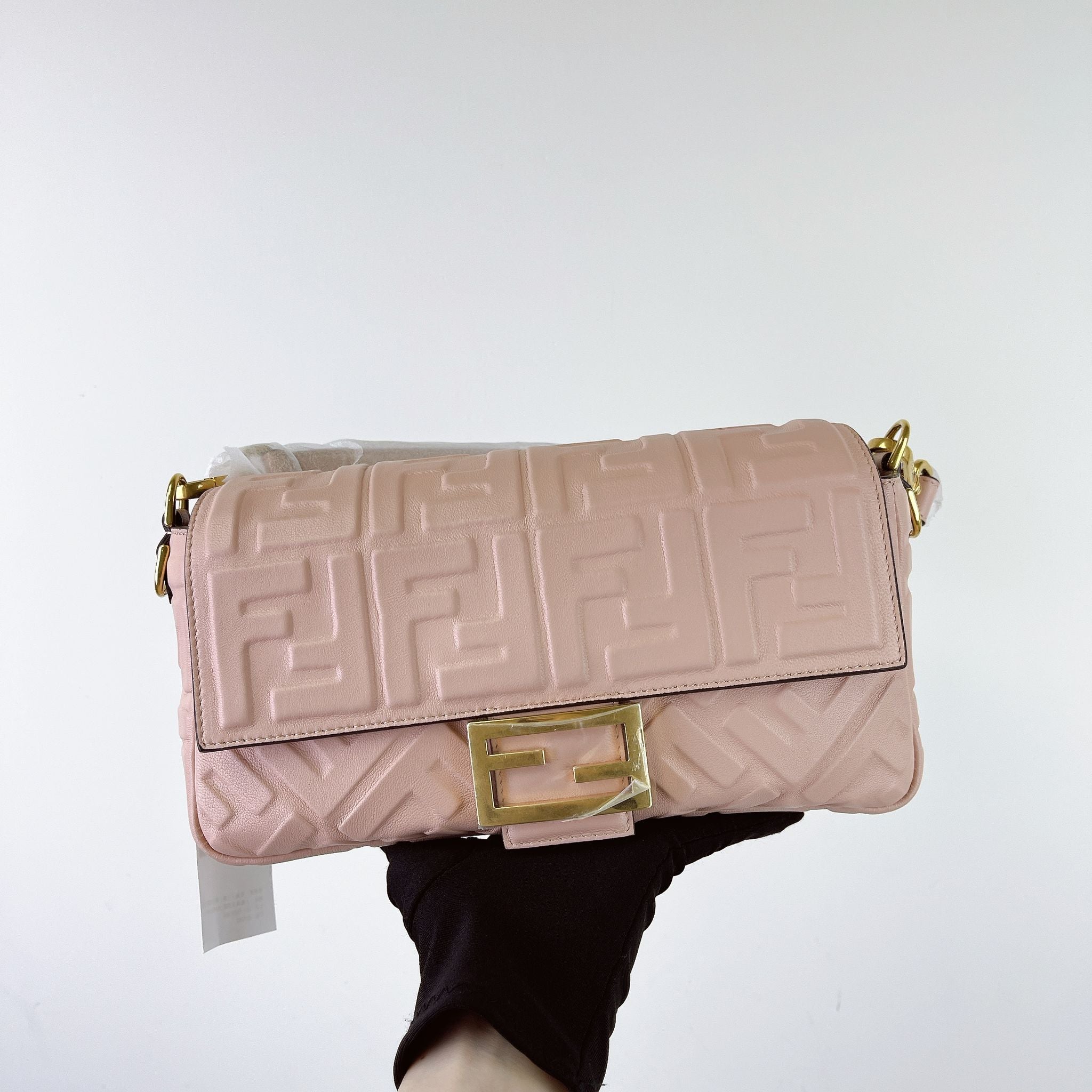 Fendi Medium Nappa FF 1974 Embossed Baguette Rose Pink, Gold-tone Hardware