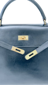 Hermes Kelly32 Sellier Vintage Black Box 24kt Plated-Gold Hardware