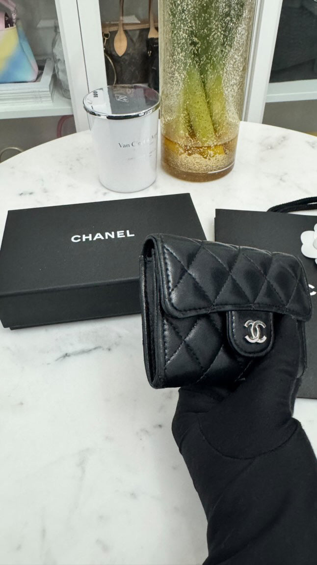 Chanel Card Wallet Black Lambskin Silver-tone Hardware