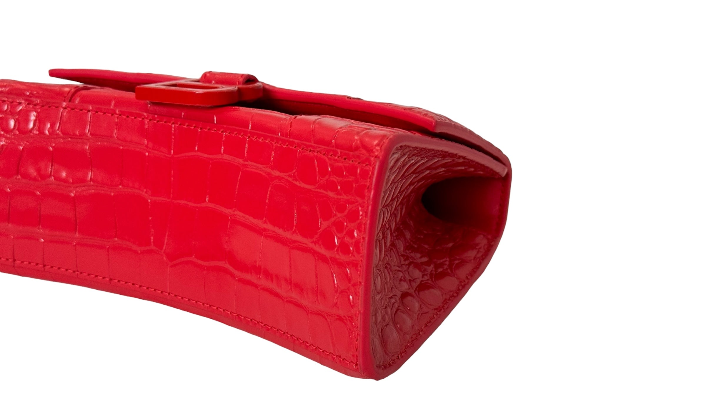 Balenciaga Hourglass XS Handbag,  Lipstick Red Croc-Embossed Calfskin, Red Enamel-plated Hardware