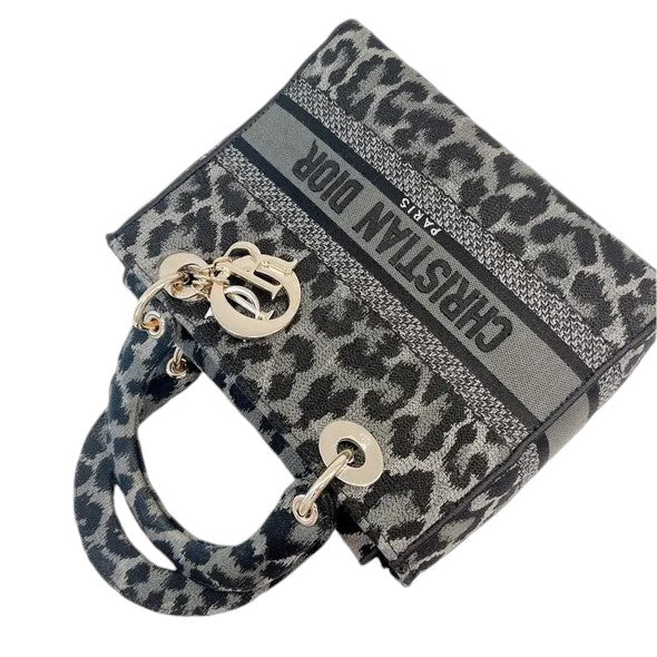 Christian Dior Lady D-Lite Medium Grey and Black Leopard Pattern Mizza Embroidery  Gold-tone Hardware