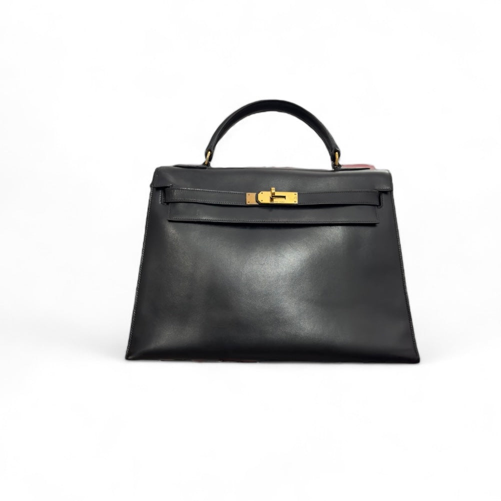 Hermes Kelly32 Sellier Vintage Black Box 24kt Plated-Gold Hardware