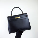 将图片加载到图库查看器，Hermes Kelly 28 Sellier Vintage Black Box Leather 24kt Gold-Plated Hardware
