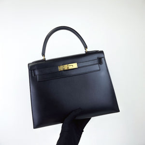 Hermes Kelly 28 Sellier Vintage Black Box Leather 24kt Gold-Plated Hardware