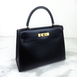 Hermes Kelly 28 Sellier Vintage Black Box Leather 24kt Gold-Plated Hardware