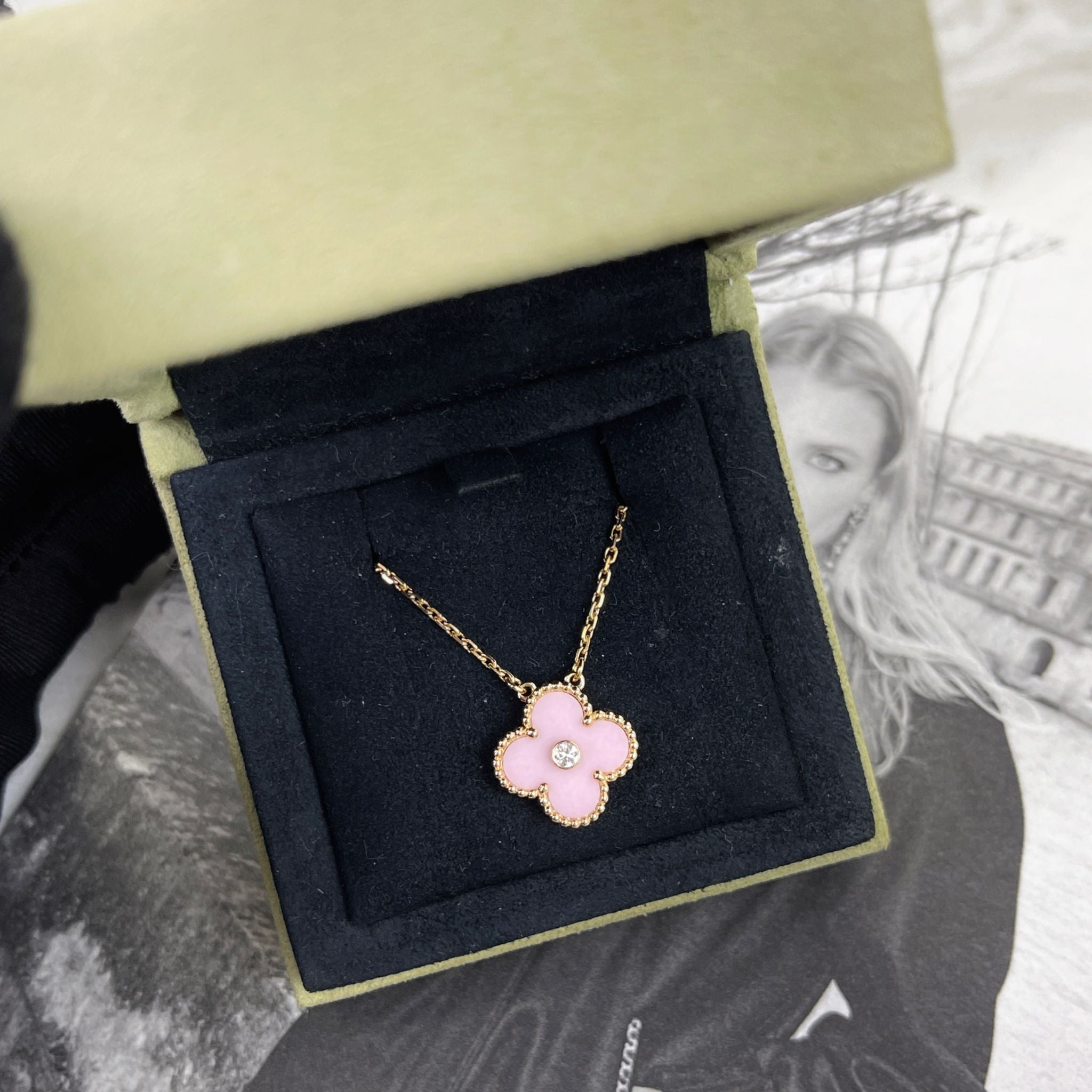 Van Cleef and Arpels VCA Vintage Alhambra Holiday Pendant, Diamond, Pink Sevres, 18kt Gold