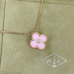 Van Cleef and Arpels VCA Vintage Alhambra Holiday Pendant, Diamond, Pink Sevres, 18kt Gold