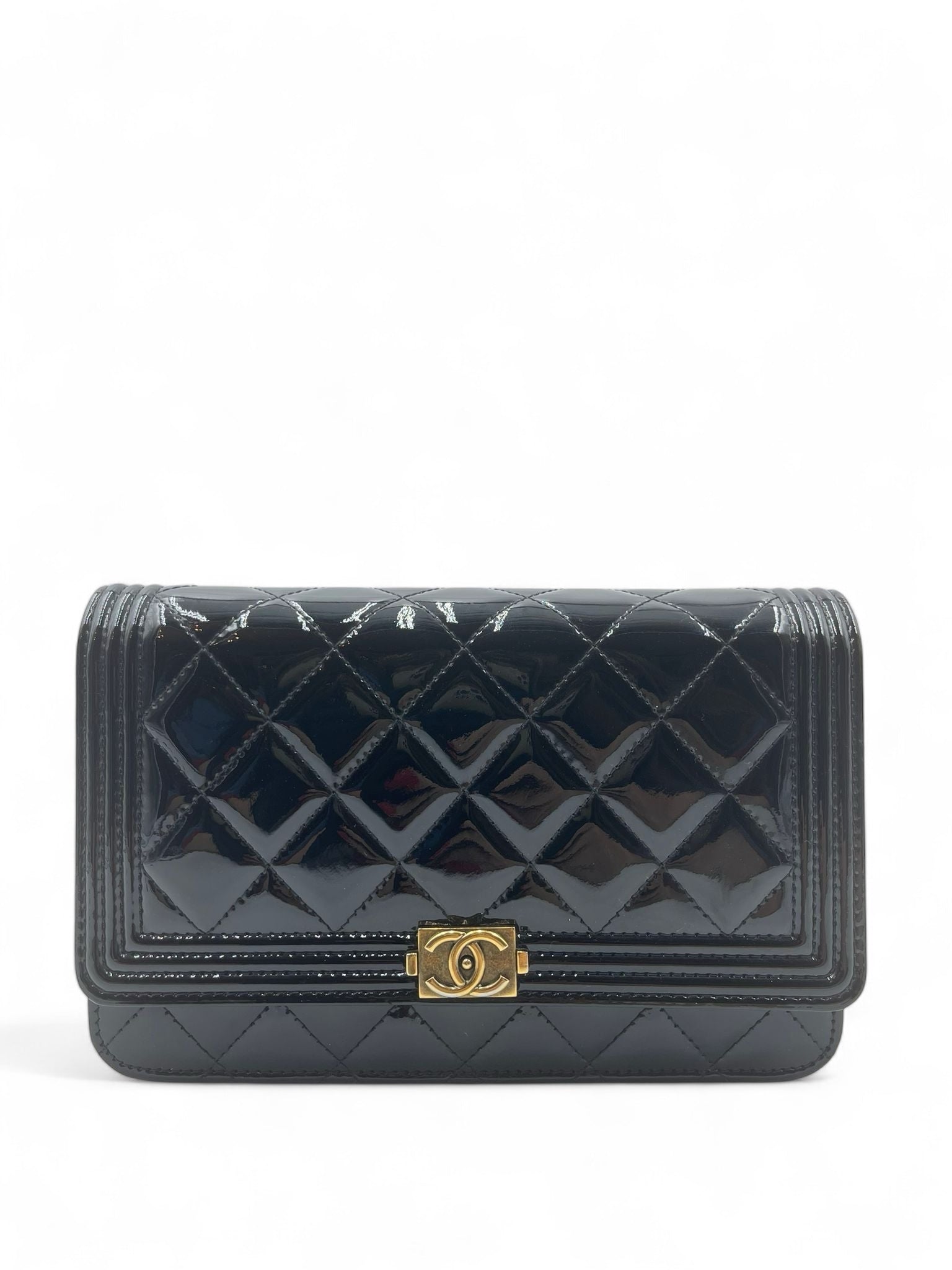 Chanel Classic Leboy Wallet on Chain, Black Diamond Quilted Patent Leather, Gold-tone Hardware