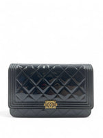 Load image into Gallery viewer, Chanel Classic Leboy Wallet on Chain, Black Diamond Quilted Patent Leather, Gold-tone Hardware
